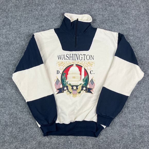 T’s By DC Pullover Mens L Beige Navy Washington DC Quarter Zip Vintage - Picture 2 of 8
